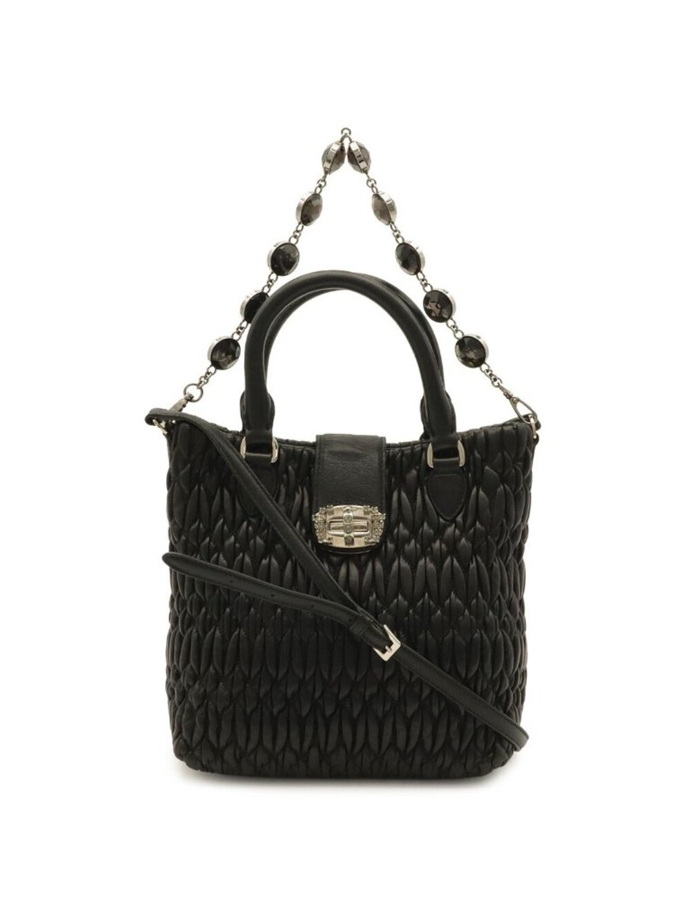Miu Miu Matelasse Nappa Crystal 2-Way Shoulder Bag Bijou Gathered Leather Black